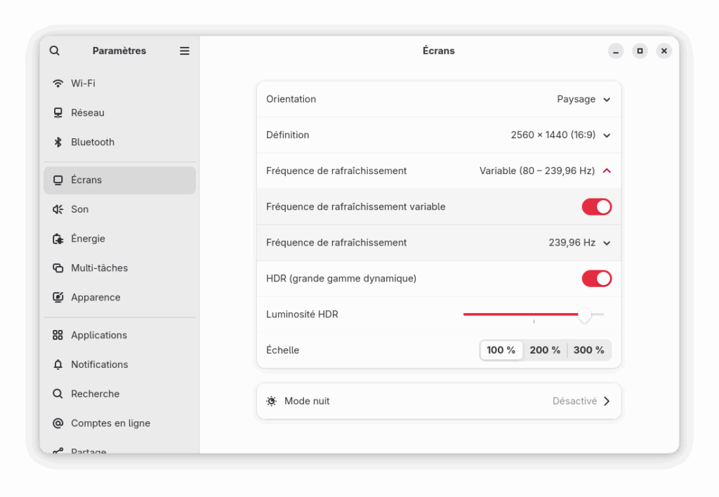 Capture décran des paramètres "Ecrans" de GNOME 48